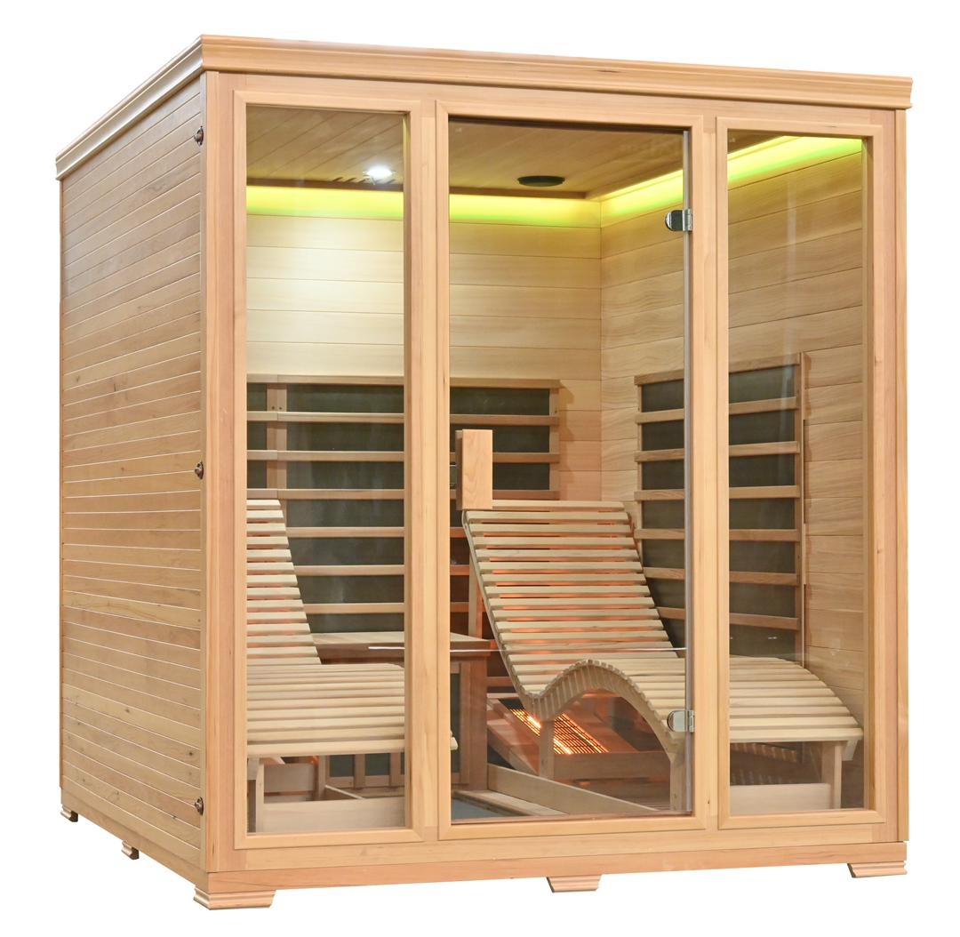 Wooden infrared sauna cabin with three glass doors and light wood interior, showing curved benches and heater at the base.