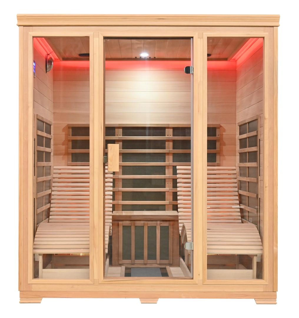 Wooden three-pane sauna with glass doors, interior benches, and red ambient lighting inside.